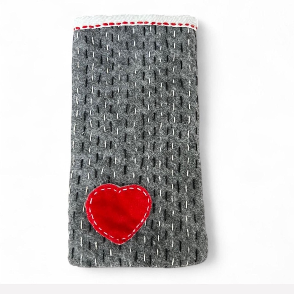 Handmade Gray and Red Heart Embroidered Pouch